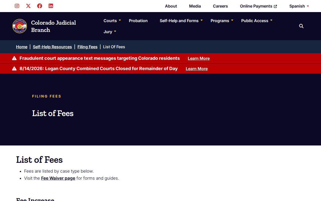 Pueblo County civil court docket official filing fee information
