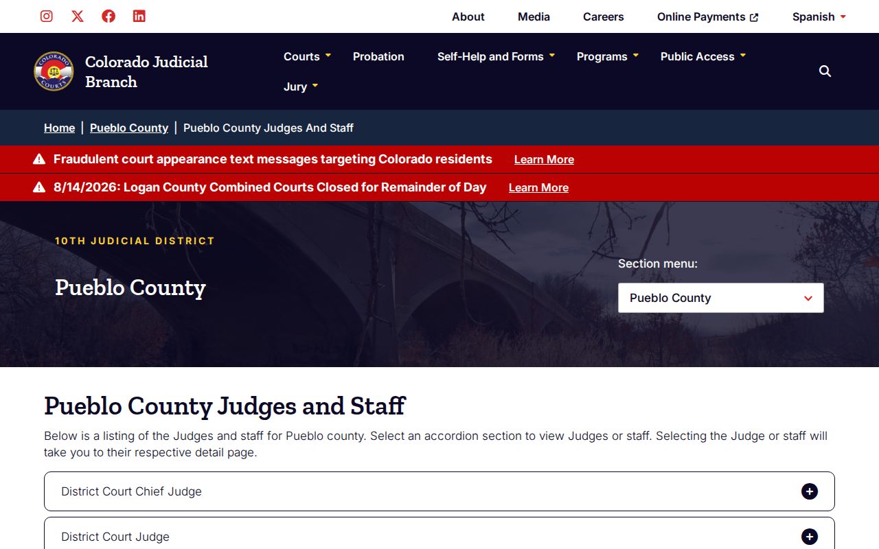 Pueblo County criminal court docket judges and division directory