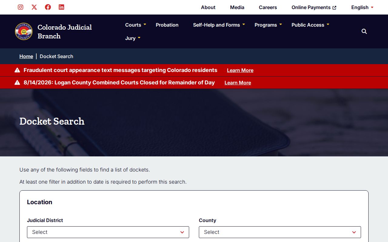 Official Colorado search controls for a Pueblo County court docket