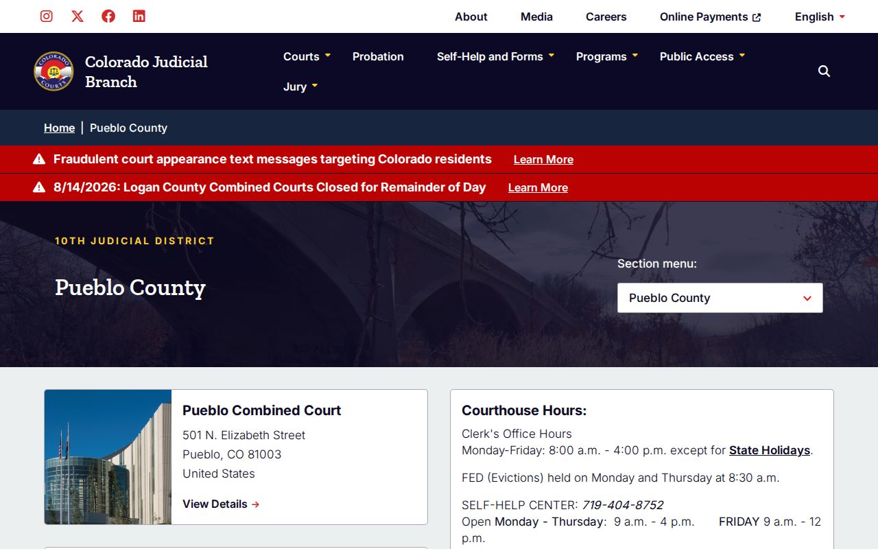 Pueblo County court docket page and official court services