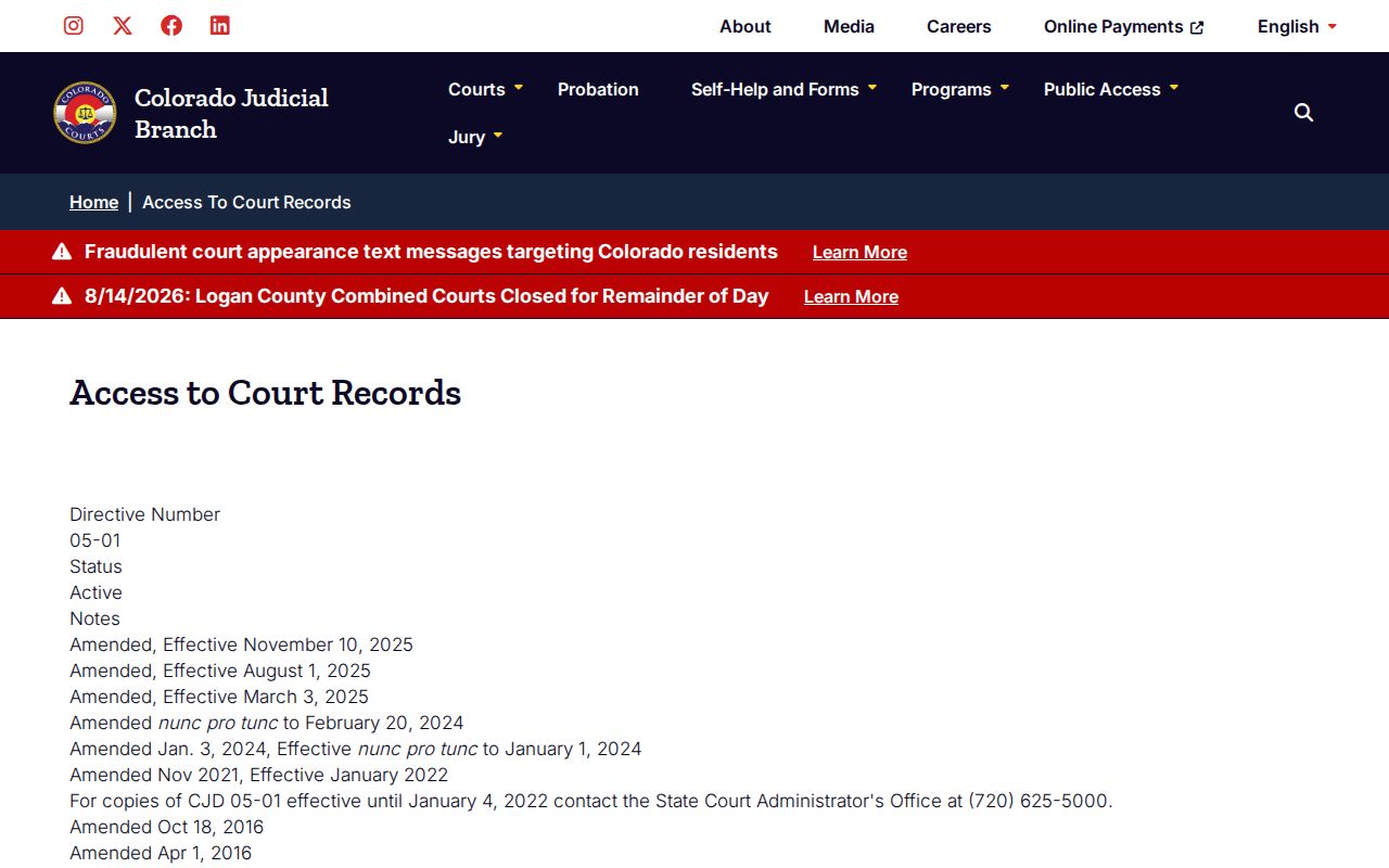 Pueblo County court records Chief Justice Directive 05-01 access rules