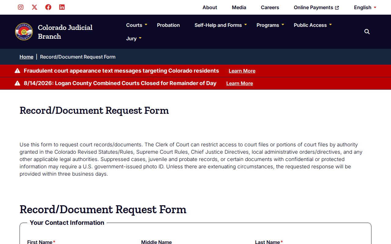 Pueblo County court records statewide document request form