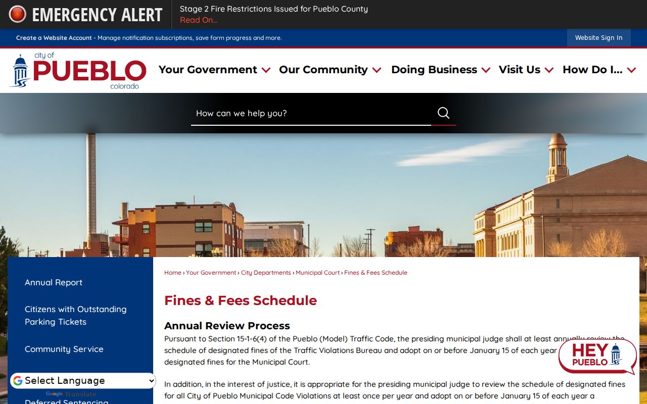 Pueblo County traffic court records municipal fine and fee schedule