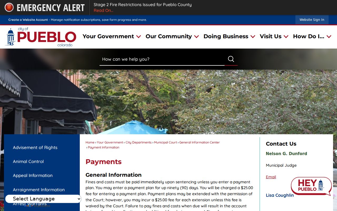 Pueblo County traffic court records municipal payment posting information